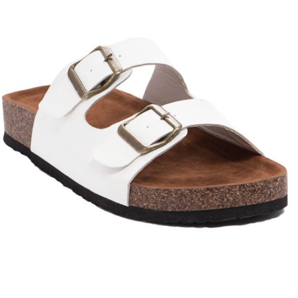 White Refresh brand sandals with cork bottom, two straps and buckles.
